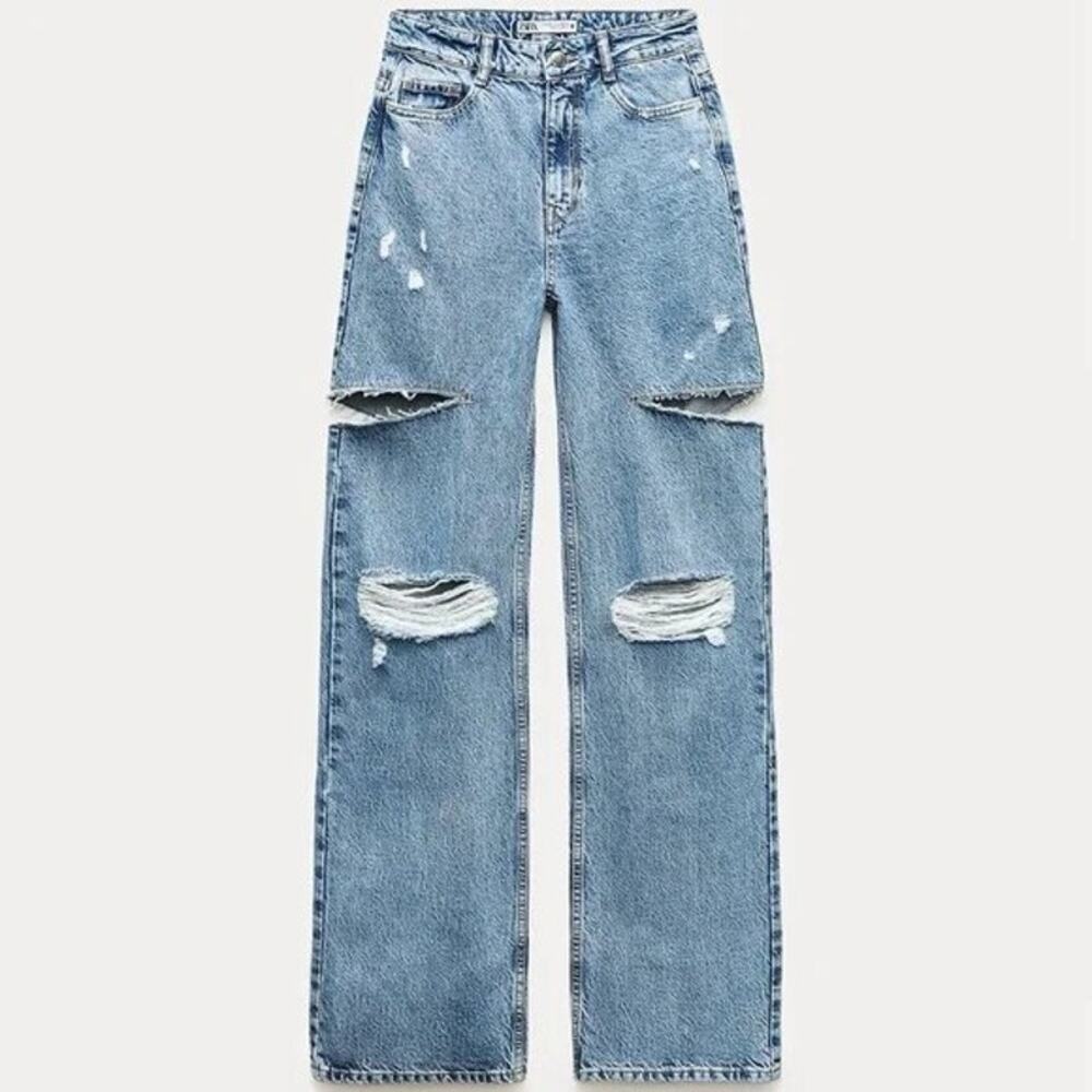 Zara NWT Women's Mid Rise Straight Leg Jeans Size 4 Denim Distressed Streetwear